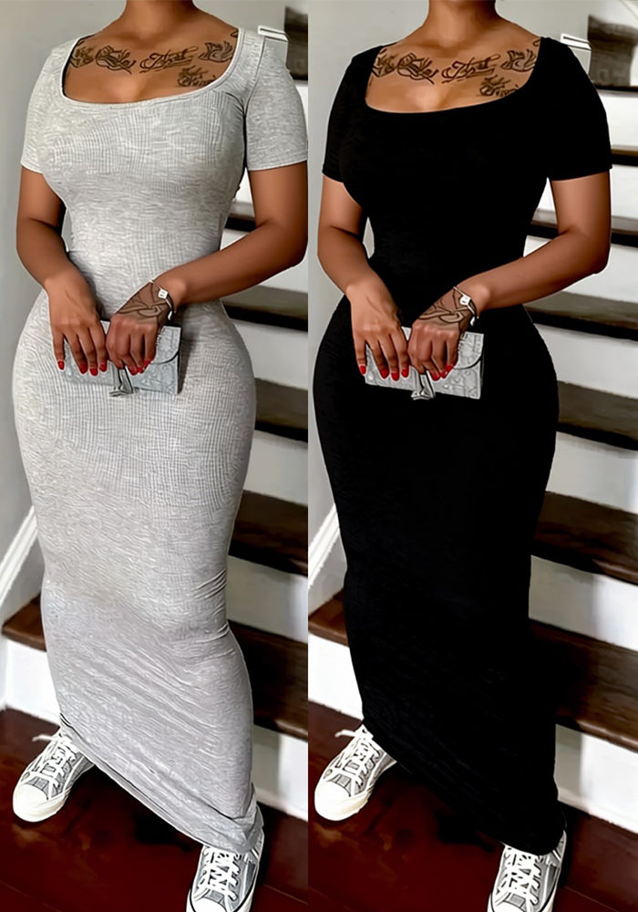 Solid Ribbed Square Neck Short Sleeve Dress
