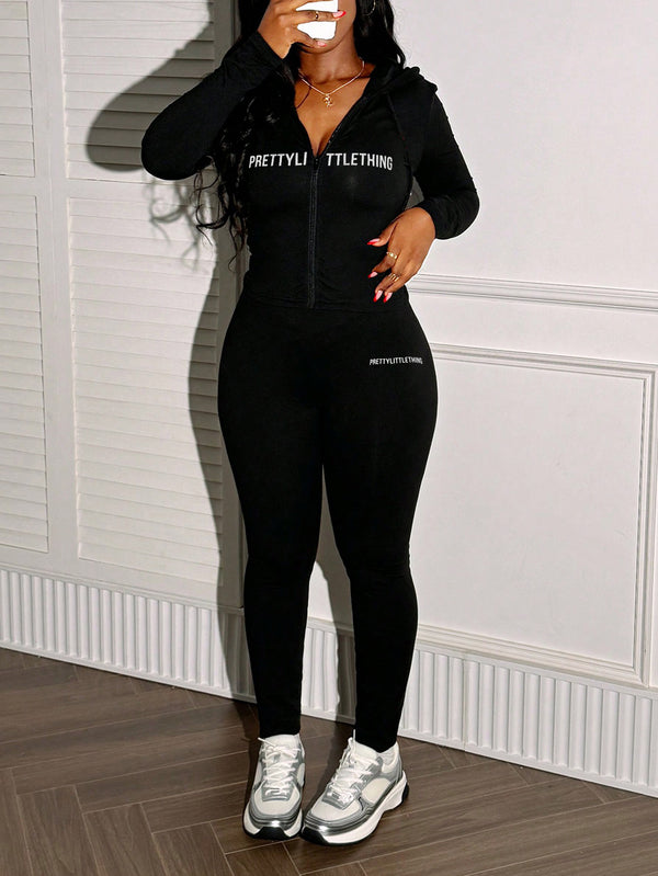 Women's Spring Summer Casual Knitted Hooded Zip-Up Jacket and Tight-Fitting Pants Set