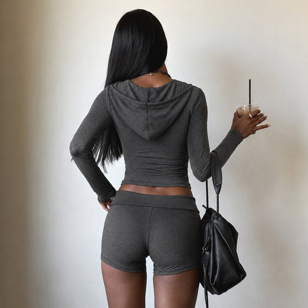 Striped Knitted Double Zipper Hooded Jacket Strapless Top & Shorts Three-Piece Set