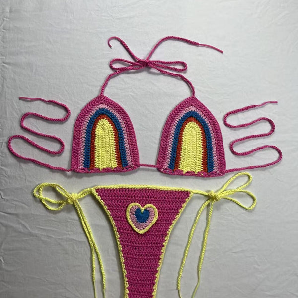 Halter Lace-Up Knitted Crochet Two-Piece Bikini for Beachwear