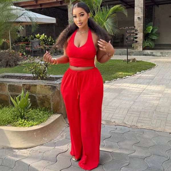 Fitted Halter Strapless Top & Lace-Up Wide Leg Pants Set for Casual Wear