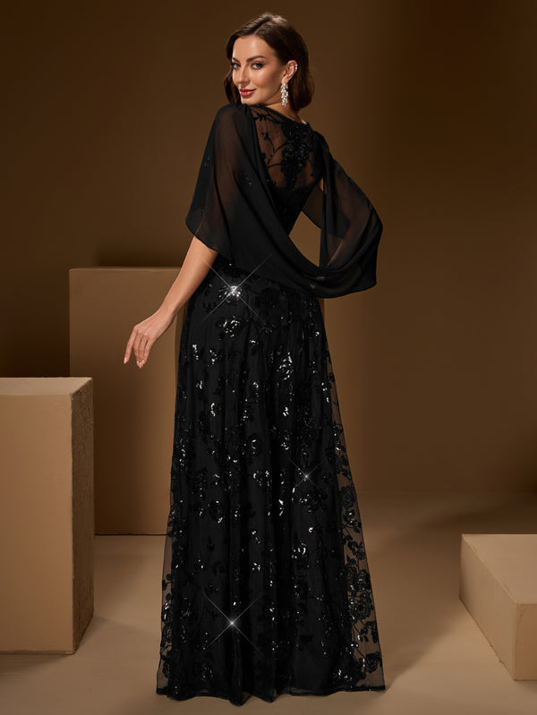 Mesh Sequin Round Neck A-Line Cape Maxi Evening Gown