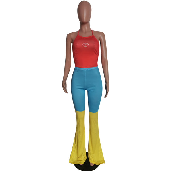 Printed Sleeveless Top & Bell Bottom Pants Set for Summer Career Wear