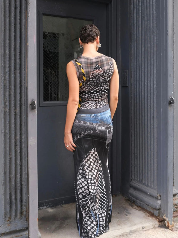 Polka-Dot Warning-Tape Print Mesh Sleeveless Stretch-Fit Bodycon Maxi Dress