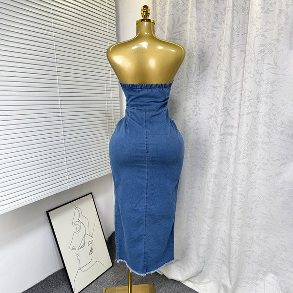 Strapless Pocket Bodycon Denim Dress for Summer Casual