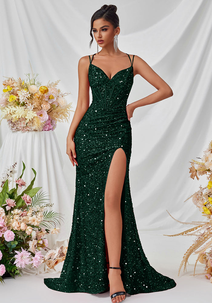Sequin V-Neck Cami Mermaid Slit Evening Dress
