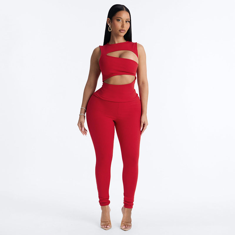 Solid Sleeveless Hollow-Out Jumpsuit for Clubwear