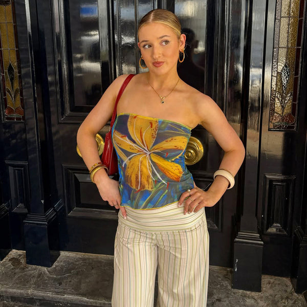 Color Block Floral Strapless Top for Summer Holiday Outings