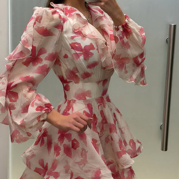 Floral Print V-Neck Long Sleeve Slim-Waist A-Line Ruffle Dress for Events