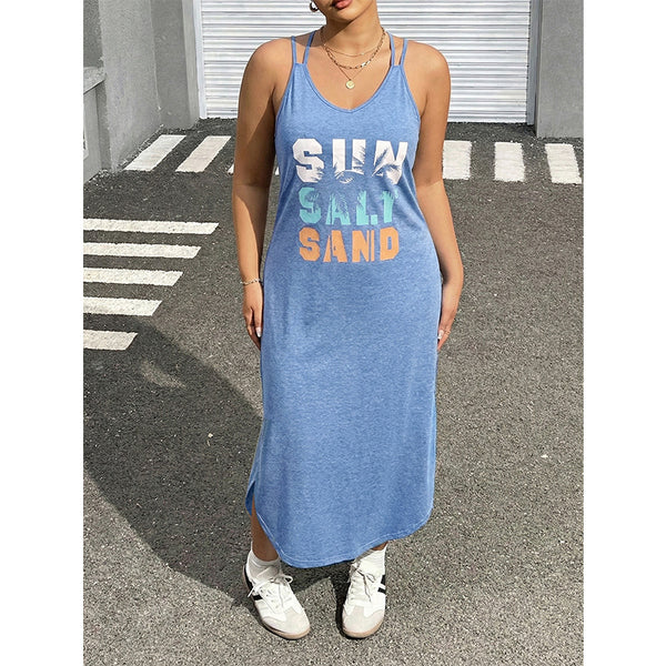 Plus Size Printed V-Neck Loose Strap Maxi Dress for Summer Vacations