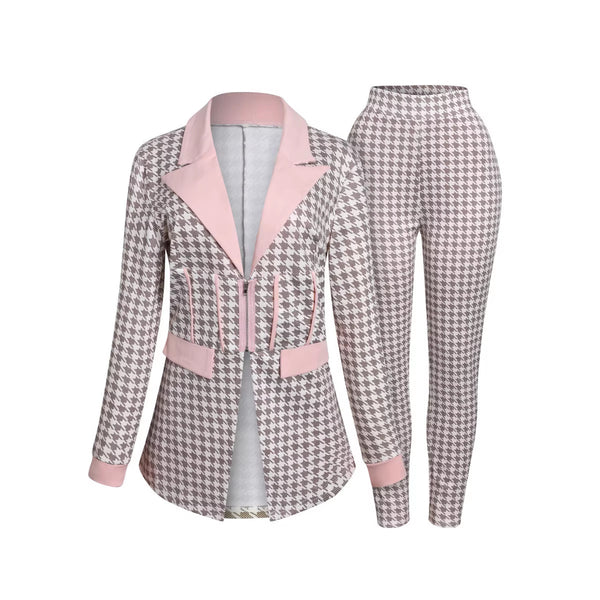 Lace-Up Long Sleeve Blazer & Printed Pants Set for Career Wear