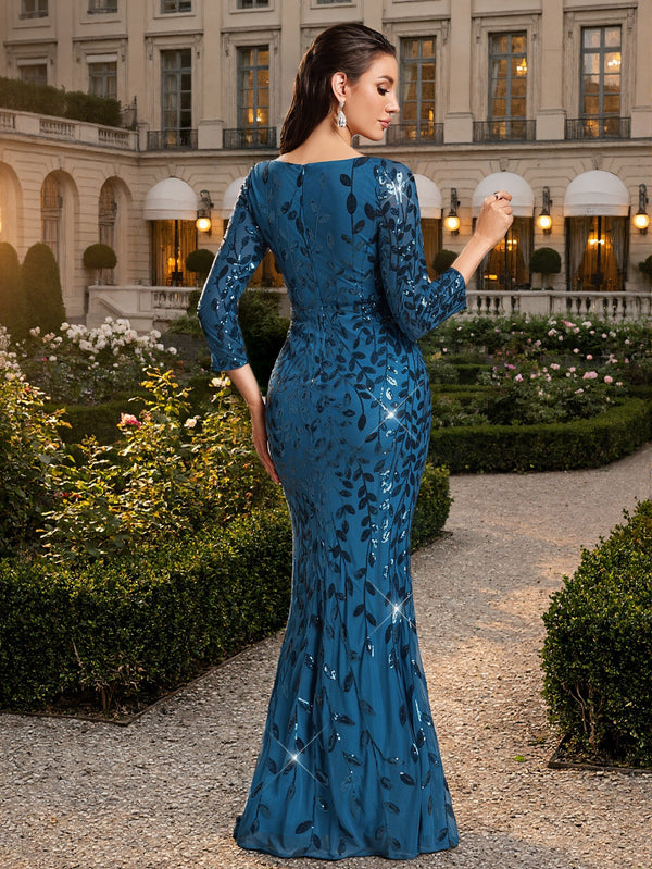 Sequin Round Neck Half Sleeve Mermaid Evening Gown