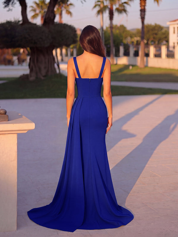 Solid Strap Boned Fitted Slit Dress for Party Wear