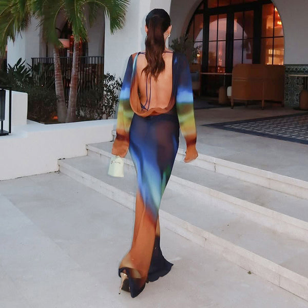 Gradient Print Mesh Lace-Up Maxi Dress for Beach Vacations