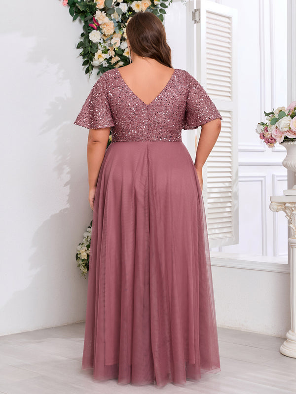 Plus Size Sequin Patchwork Mesh V-Neck Dress for Spring & Summer