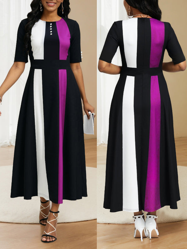 Plus Size Slim Waist Round Neck Dress for Spring Office Wear