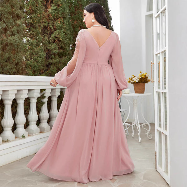 Plus Size V-Neck Floral Embroidered Long Sleeve Slit Dress for Bridesmaids
