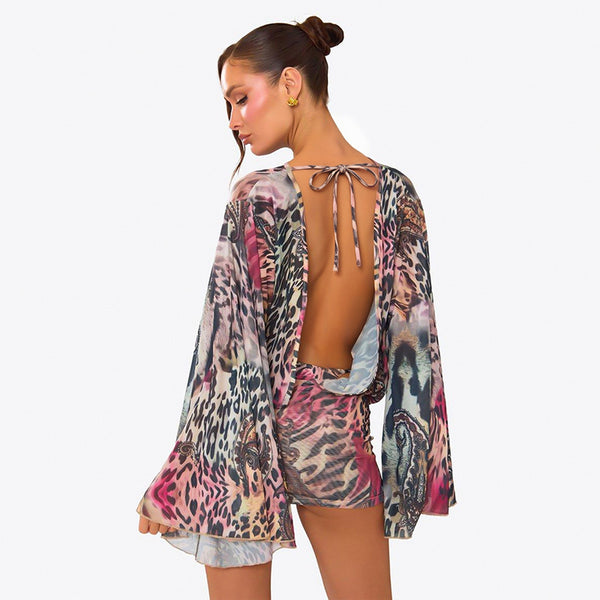 Leopard Print Ombre Lace-Up Low Back Bell Bottom Long Sleeve Dress for Fall Parties