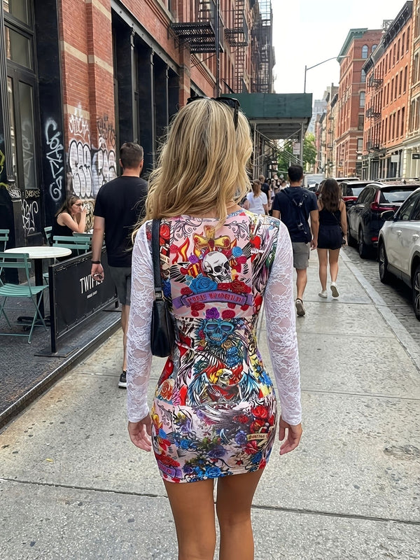 Lace Patchwork V-Neck Printed Slim Fit Dress for Evening Events