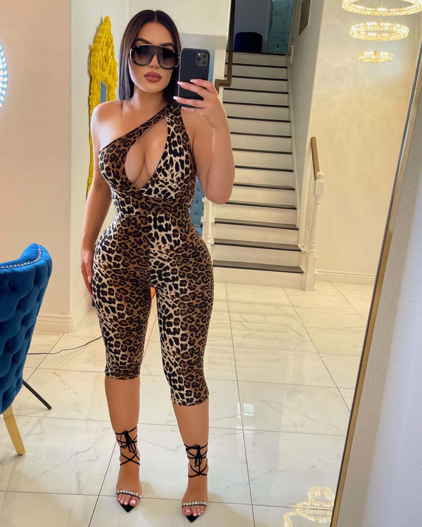 Cutout One-Shoulder Leopard Print Jumpsuit for Summer Parties