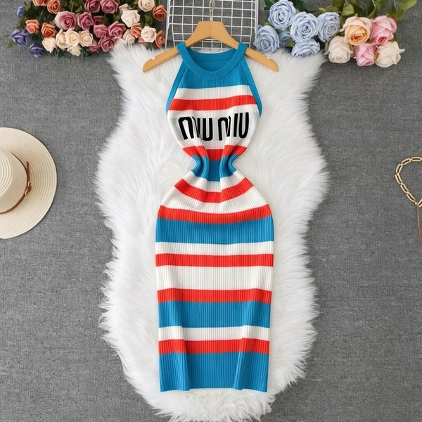Colorful Striped Letter Print Camisole Dress for Summer Casual