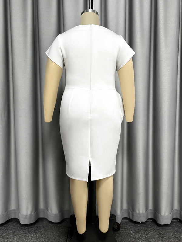 Plus Size Solid Asymmetrical Slash Shoulder Short-Sleeve Ruffle Dress