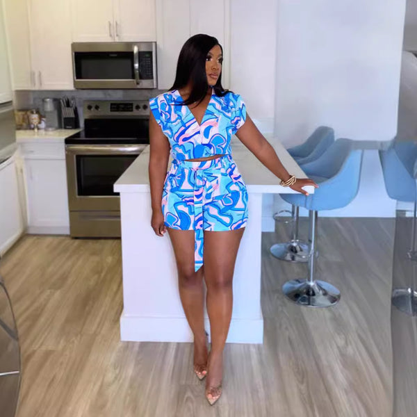 Printed V-Neck Sleeveless Top & Wide-Leg Shorts Set for Summer