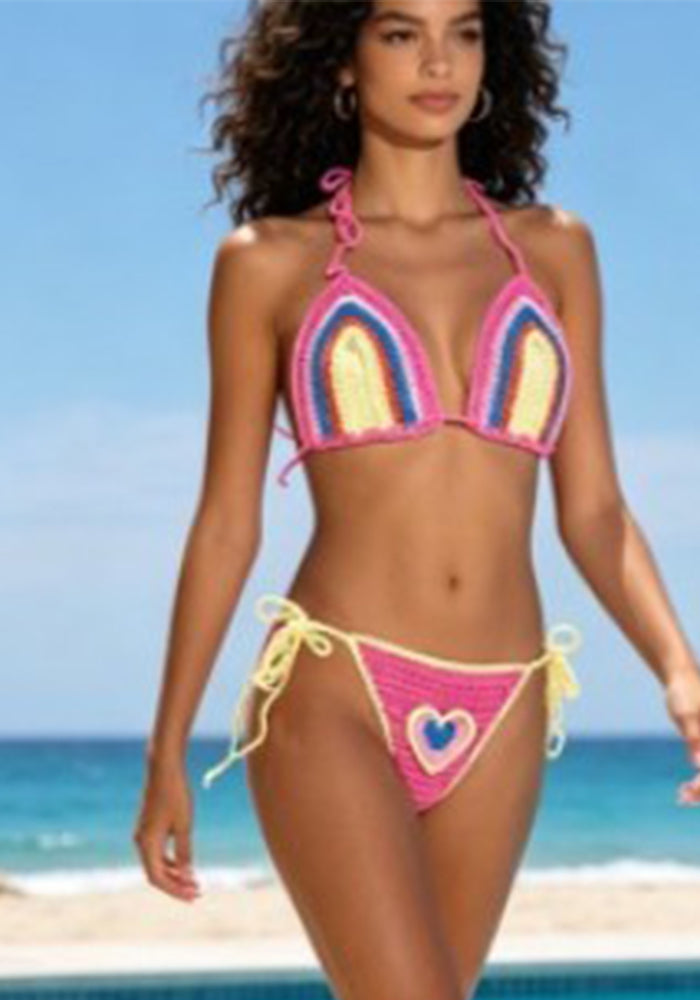 Halter Lace-Up Knitted Crochet Two-Piece Bikini for Beachwear