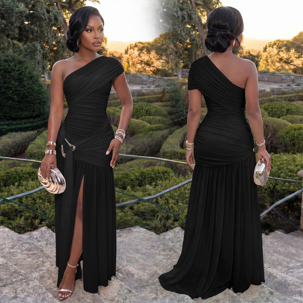 Sleeveless Slash Shoulder Split Dress for Evening Wear