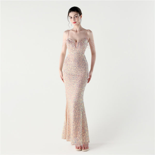 Sequin Beaded Wedding Party Dress Slim Long Evening Gown for Dinner Events
