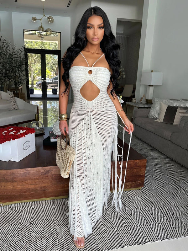 Crochet Tassel Low Back Maxi Dress for Beach Vacations