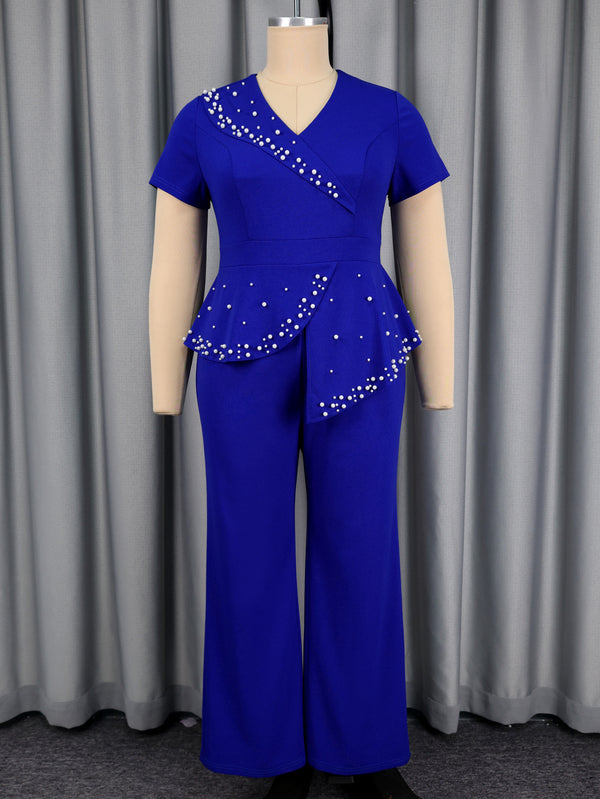 Plus Size Solid Beaded Round-Neck Long-Sleeve Jumpsuit for Formal Parties