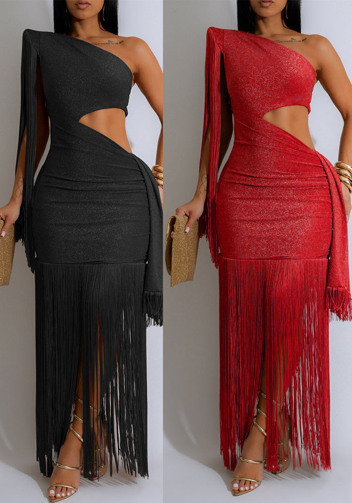 Silky Shiny Tassel Off-Shoulder Dress for Evening Parties