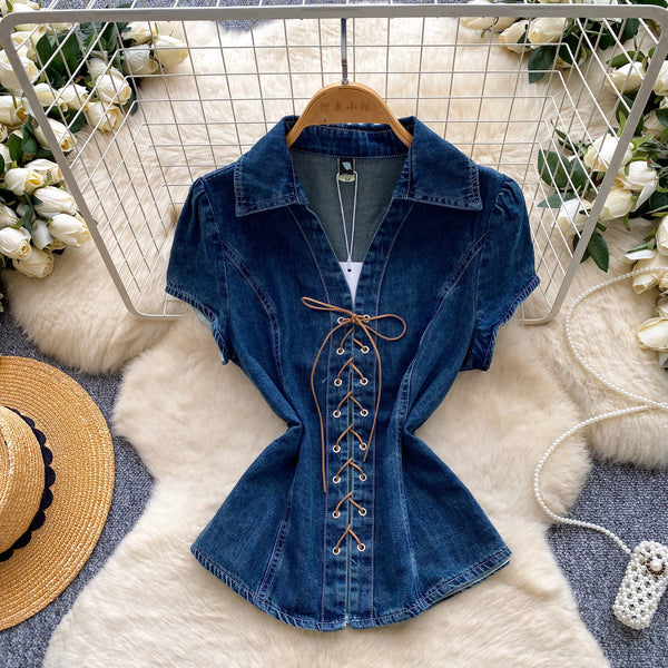 V-Neck Lace-Up Slim Waist Short Sleeve Denim Shirt for Summer