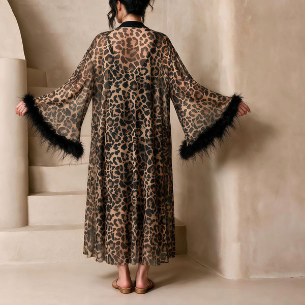 Mesh See-Through Lace Patchwork Leopard Print Robe & Nightdress Set with Fur-Trimmed Cuffs