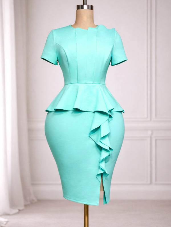 Plus Size Mint Green Ruffled Short-Sleeve Faux-Layered Slit Bodycon Dress