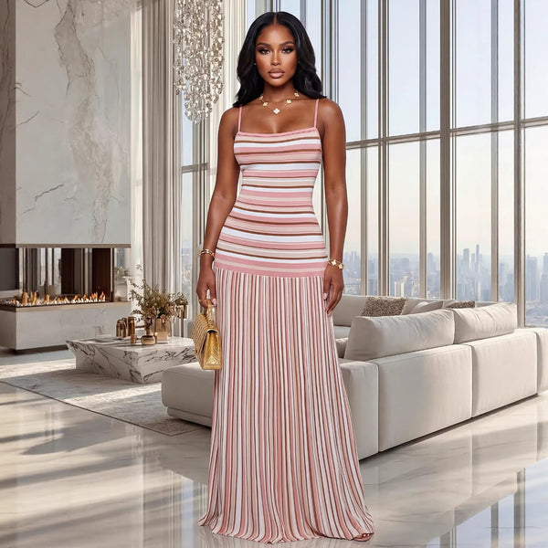 Color-Block Striped Backless Sling Dress for Summer Holidays