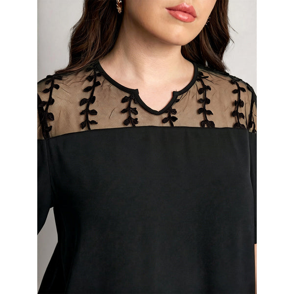Plus Size Mesh V-Neck Lace-Up Puff Sleeve Lace Patchwork Top for Summer