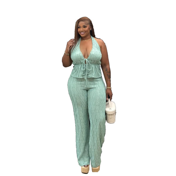 Jacquard Sleeveless Slim Fit Pants Set for Casual Wear
