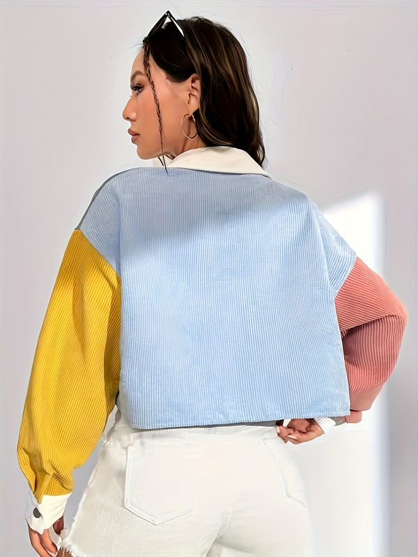 Contrast Color Patchwork Loose Fit Short Jacket for Casual Wear