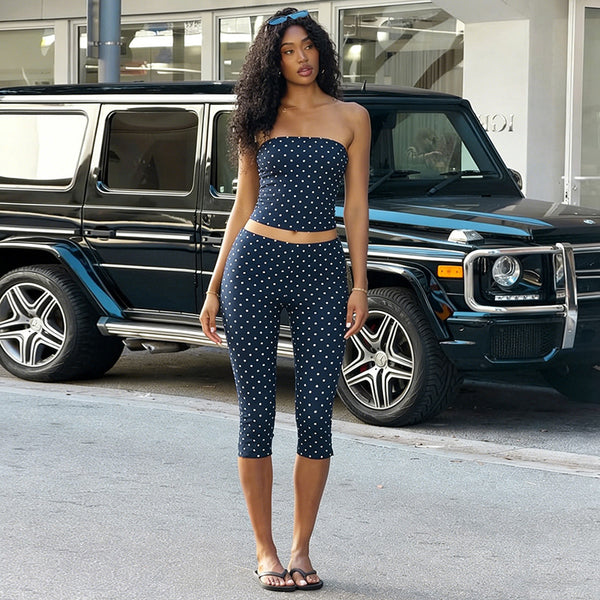 Polka Dot Strapless Top & Capri Pants Two-Piece Set for Summer