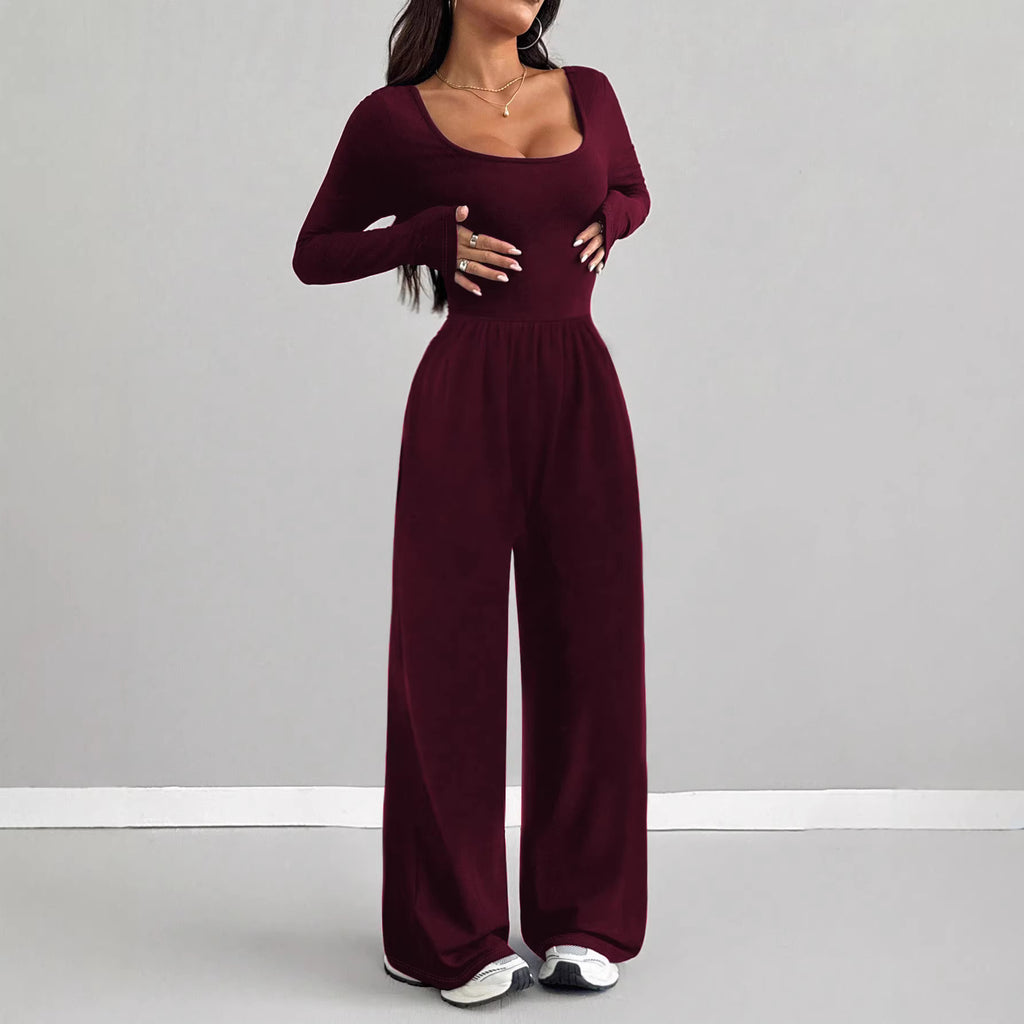 Round Neck Long Sleeve Wide Leg Jumpsuit