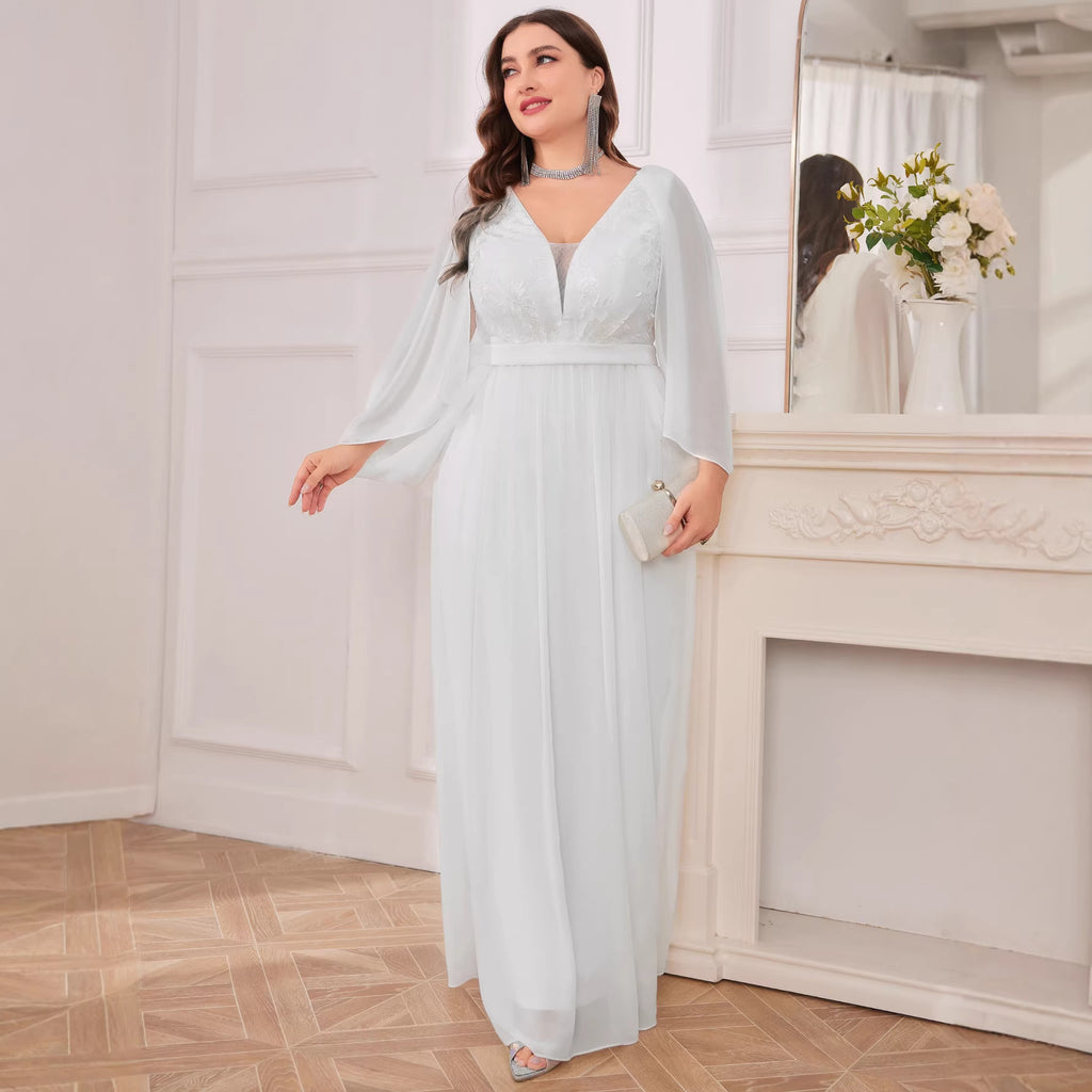 Cheap Plus Size Women White V-Neck Formal Party Maxi Evening Dress Outlet  Sale