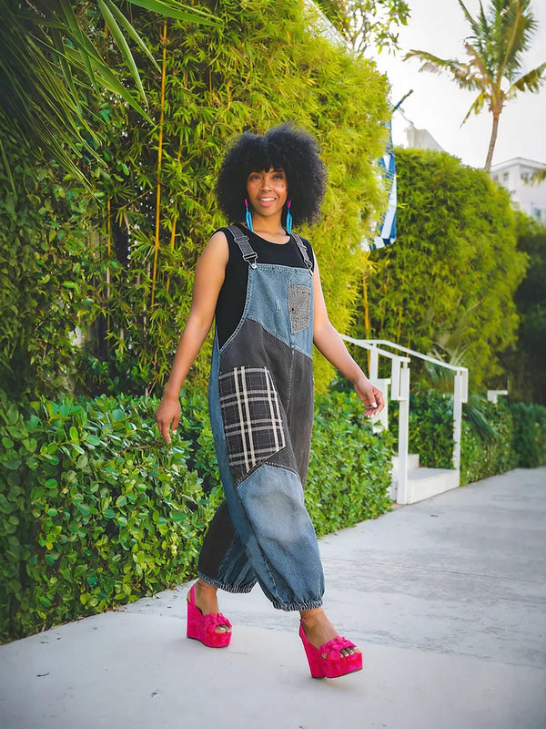 Color-Block Ripped Plaid Patchwork Pocket Cropped Overalls Jumpsuit