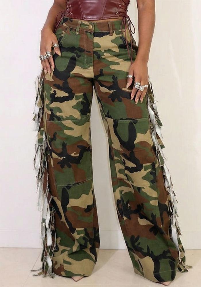 Women Camouflage Tassel Pocket Button Camouflage Pants