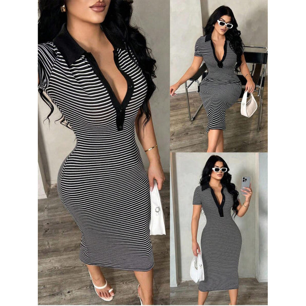 Striped Turndown Collar Button Shirt Dress for Summer Office Wear