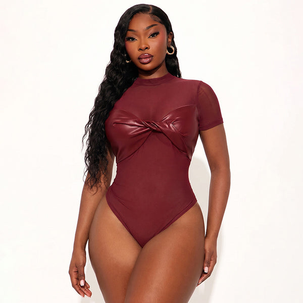 Short Sleeve Knot Mesh Patchwork Round Neck Bodysuit for Club Wear