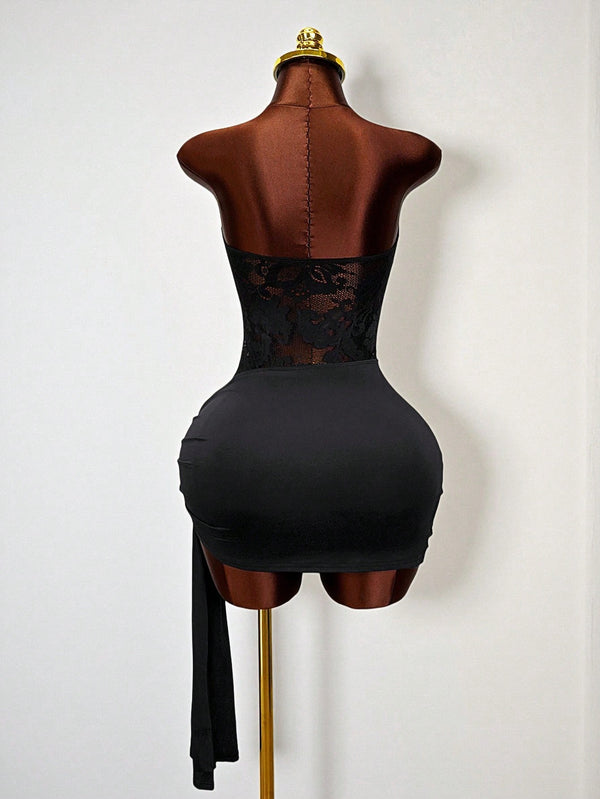 Strapless Lace Patchwork Hollow-Out Bodycon Dress for Evening Parties