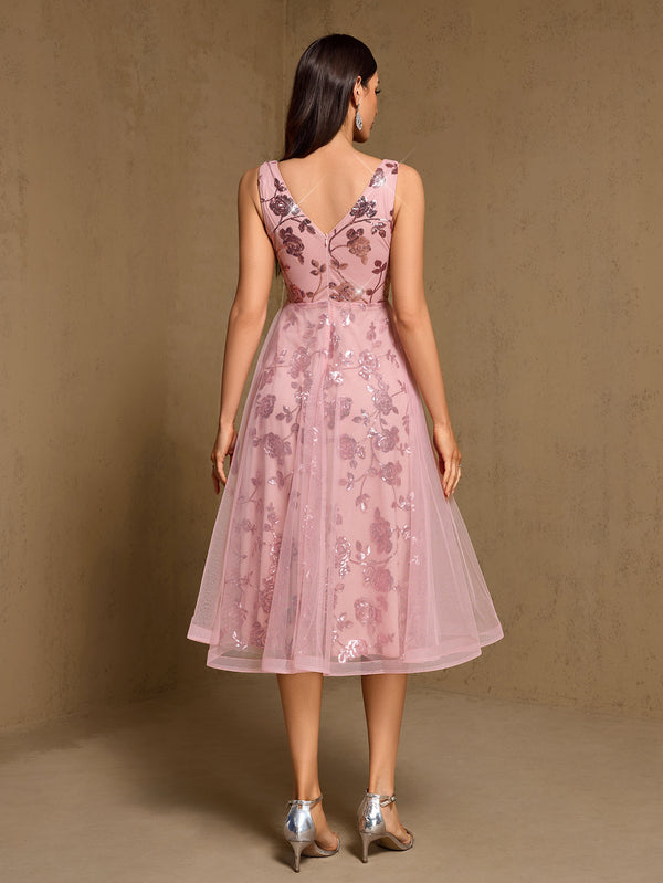 Sequin Mesh V-Neck Midi Evening Dress for Summer Formal Parties