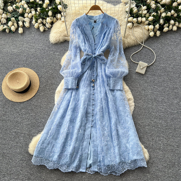 Lace Embroidery V-Neck Long Sleeve Maxi Dress for Summer
